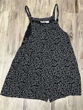 Vtg 90s Anegadas Collection Black Floral Rayon Romper Dress Pocket Medium M